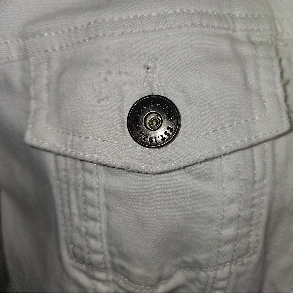 White Eddie Bauer White Jean Jacket with Bronze Buttons Stretchy  XL - Picture 7 of 15